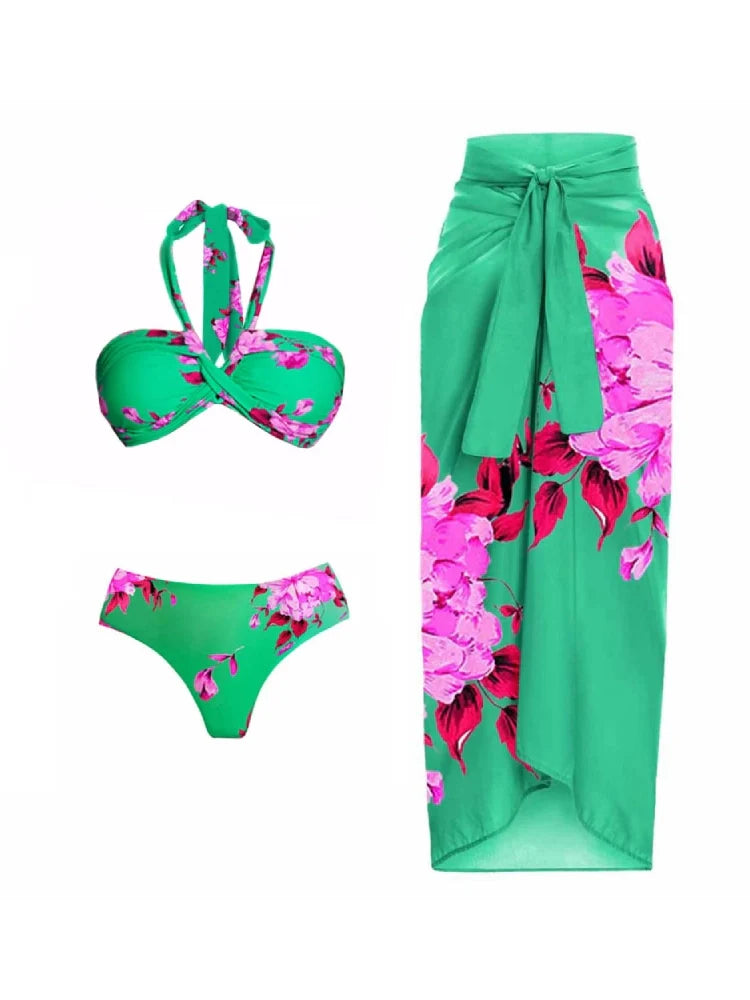 Women's printed halter swimsuit and skirt set