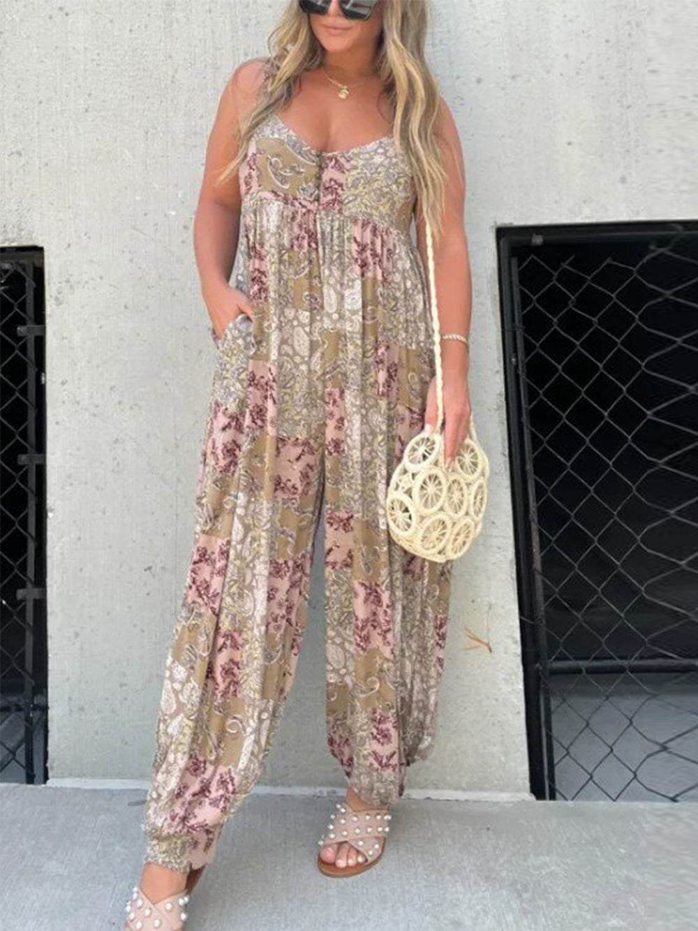 Women's printed high-waist jumpsuit - front view