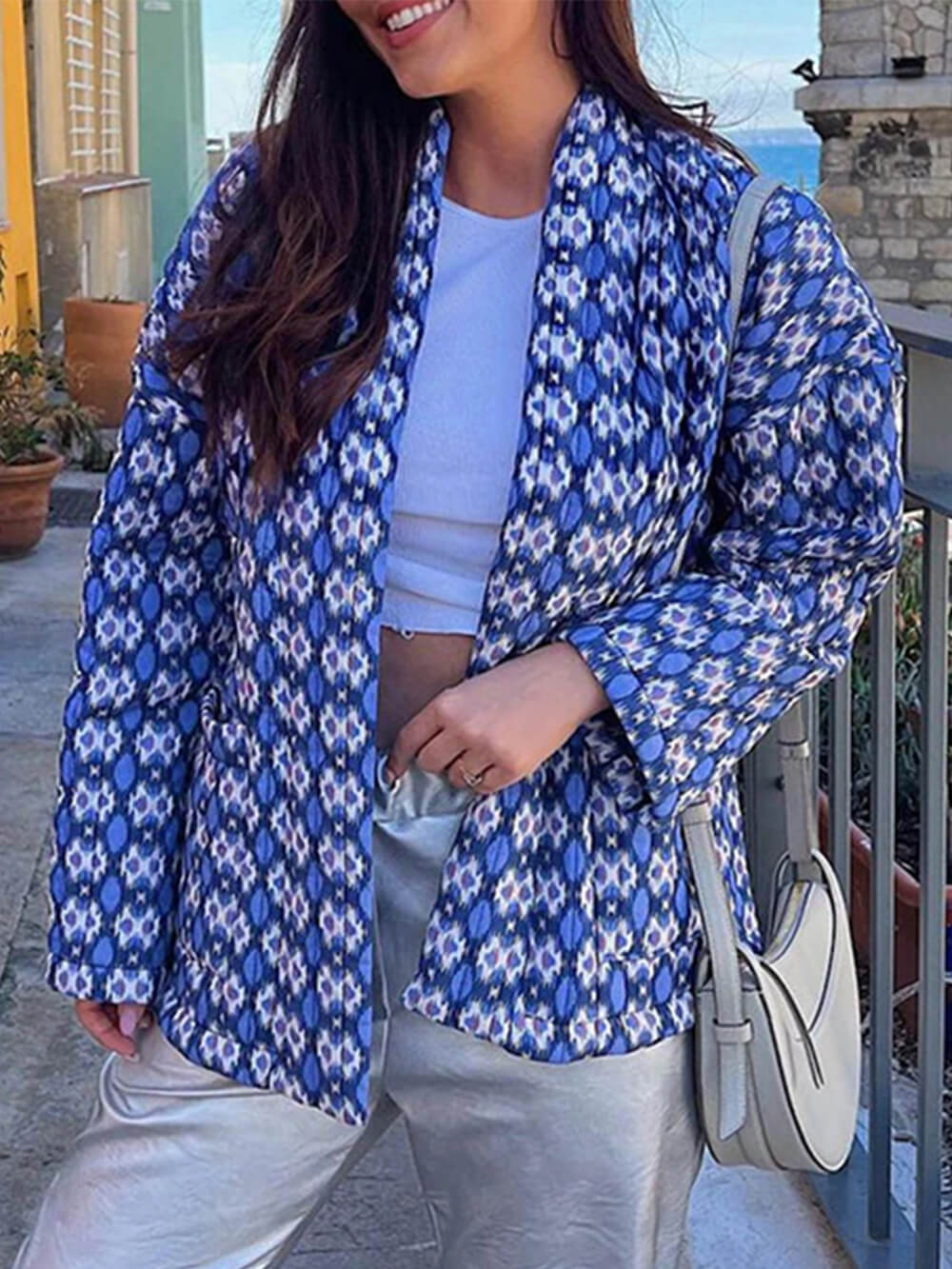 Women's printed longline open-front cardigan