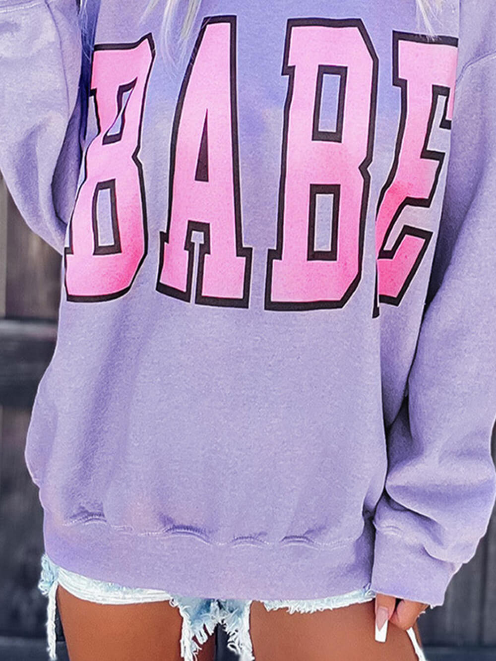 Women's Purple Alphabet Print Ribbed Sweatshirt — fabric detail