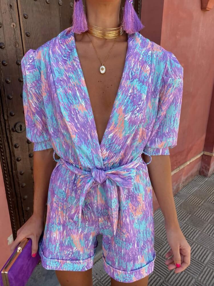 Women's purple floral puff-sleeve playsuit