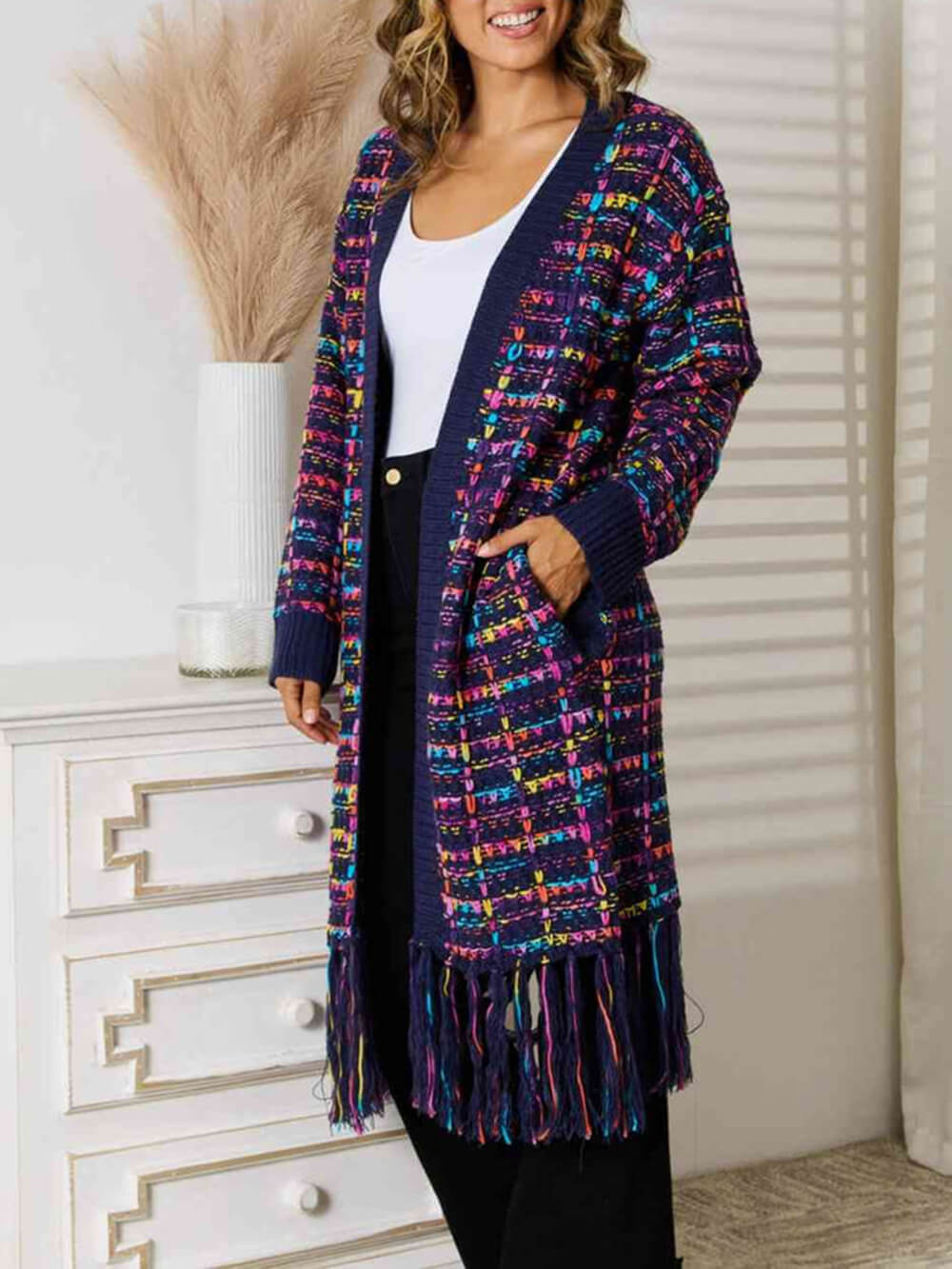 Women's purple fringe hem longline cardigan