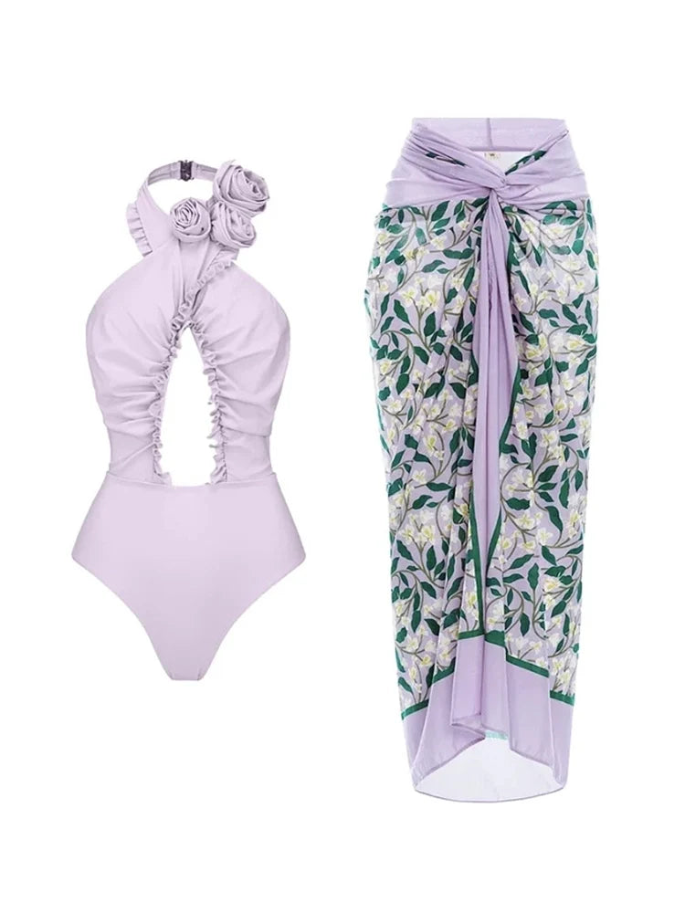 Women's purple halter backless swimsuit