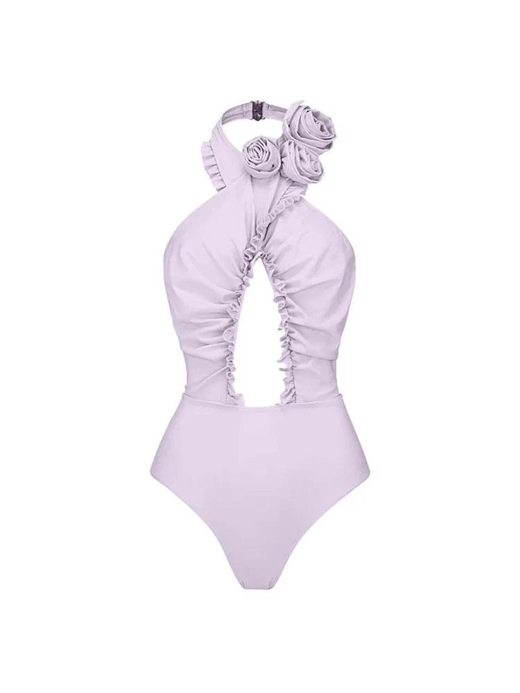 Women's purple halter backless swimsuit — back view