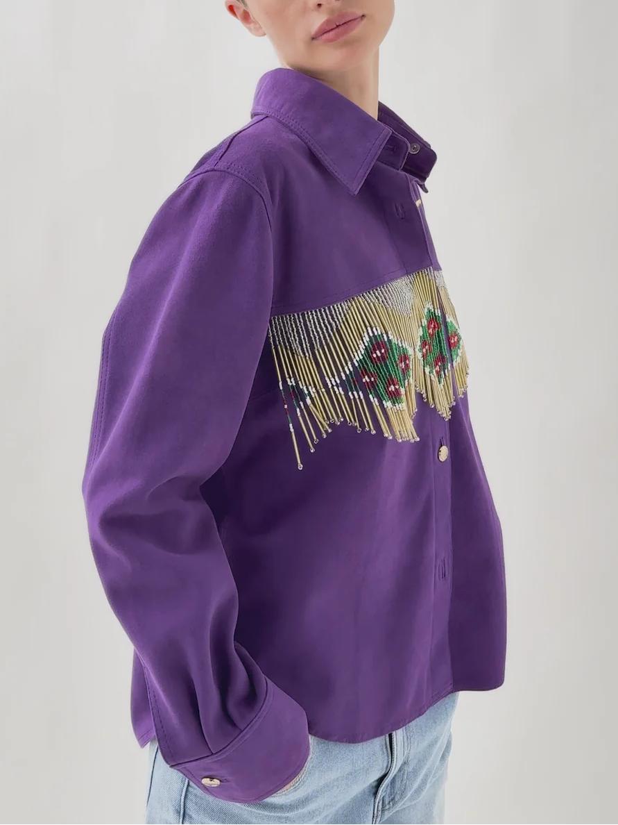 Women's Purple Beaded Fringed Suede Shirt — full length