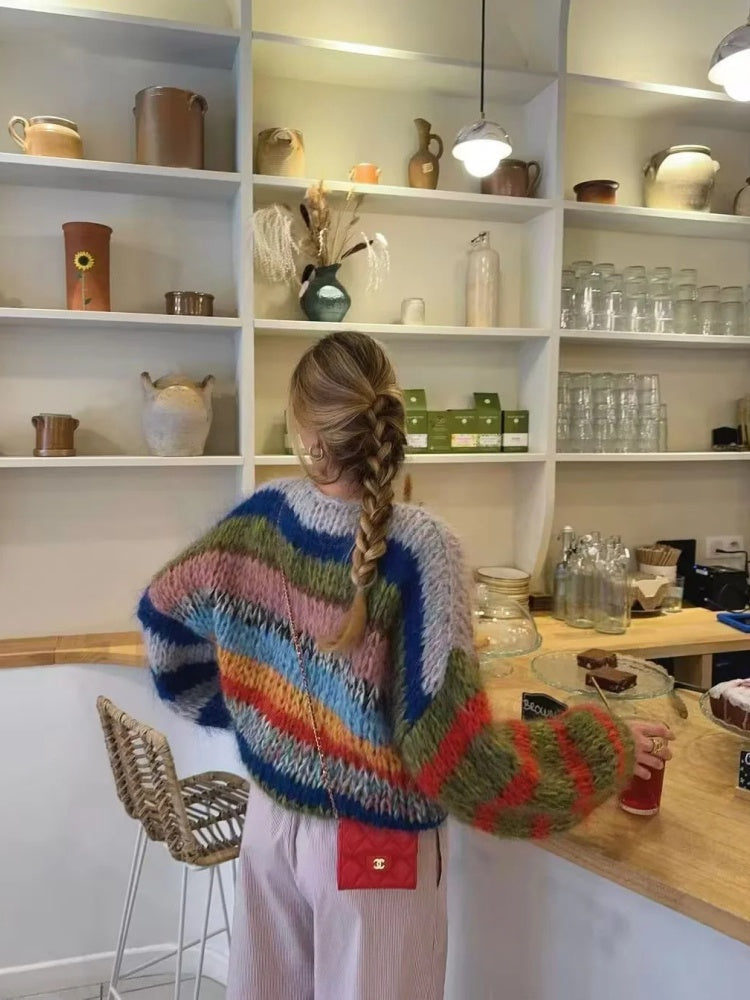 Women's rainbow stripe knit sweater — back view