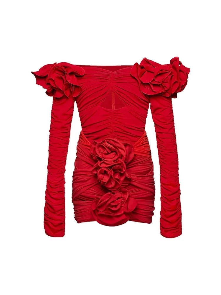 Women's red 3D floral long-sleeve swimsuit set