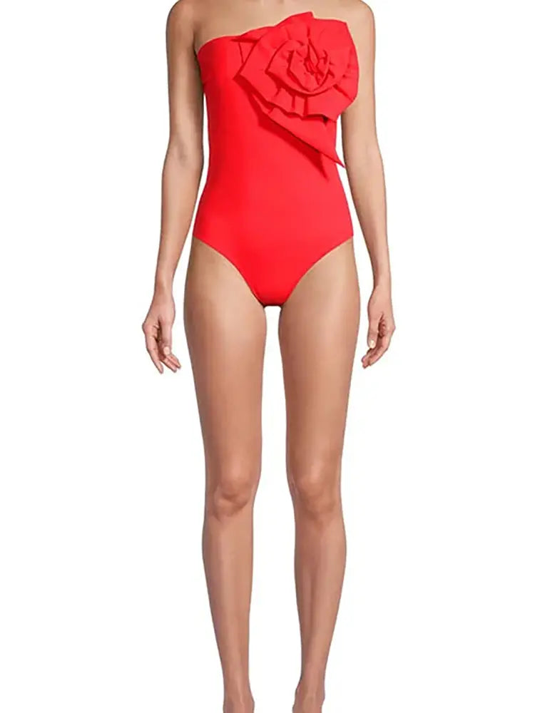 Women's red floral accent one-piece swimsuit