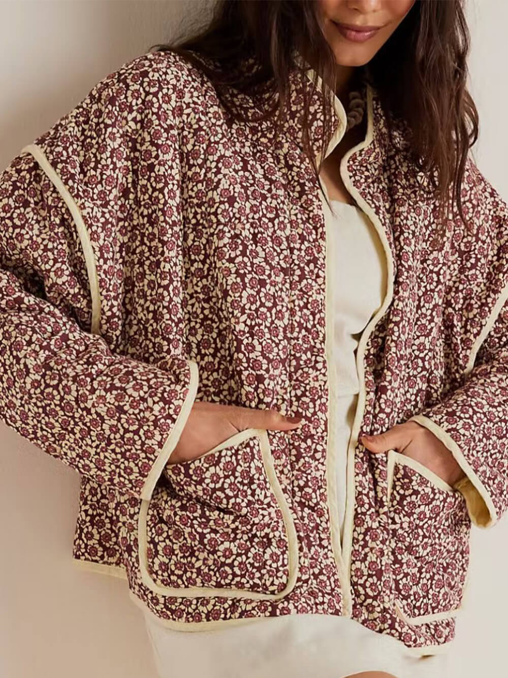 Women's red printed pocket cardigan coat