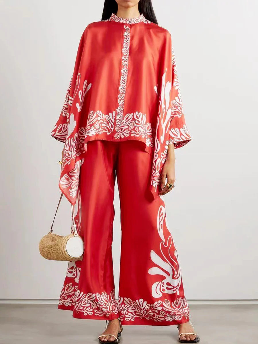 Women's Red Satin Batwing Sleeve Blouse