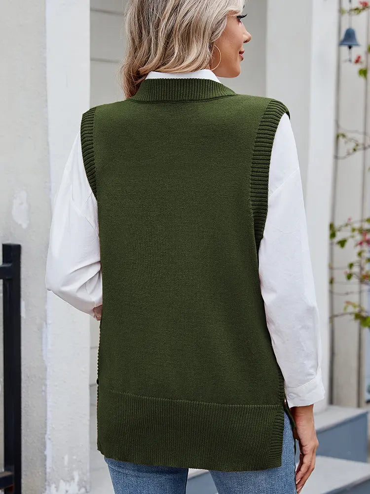 Women's red side-slit button sweater