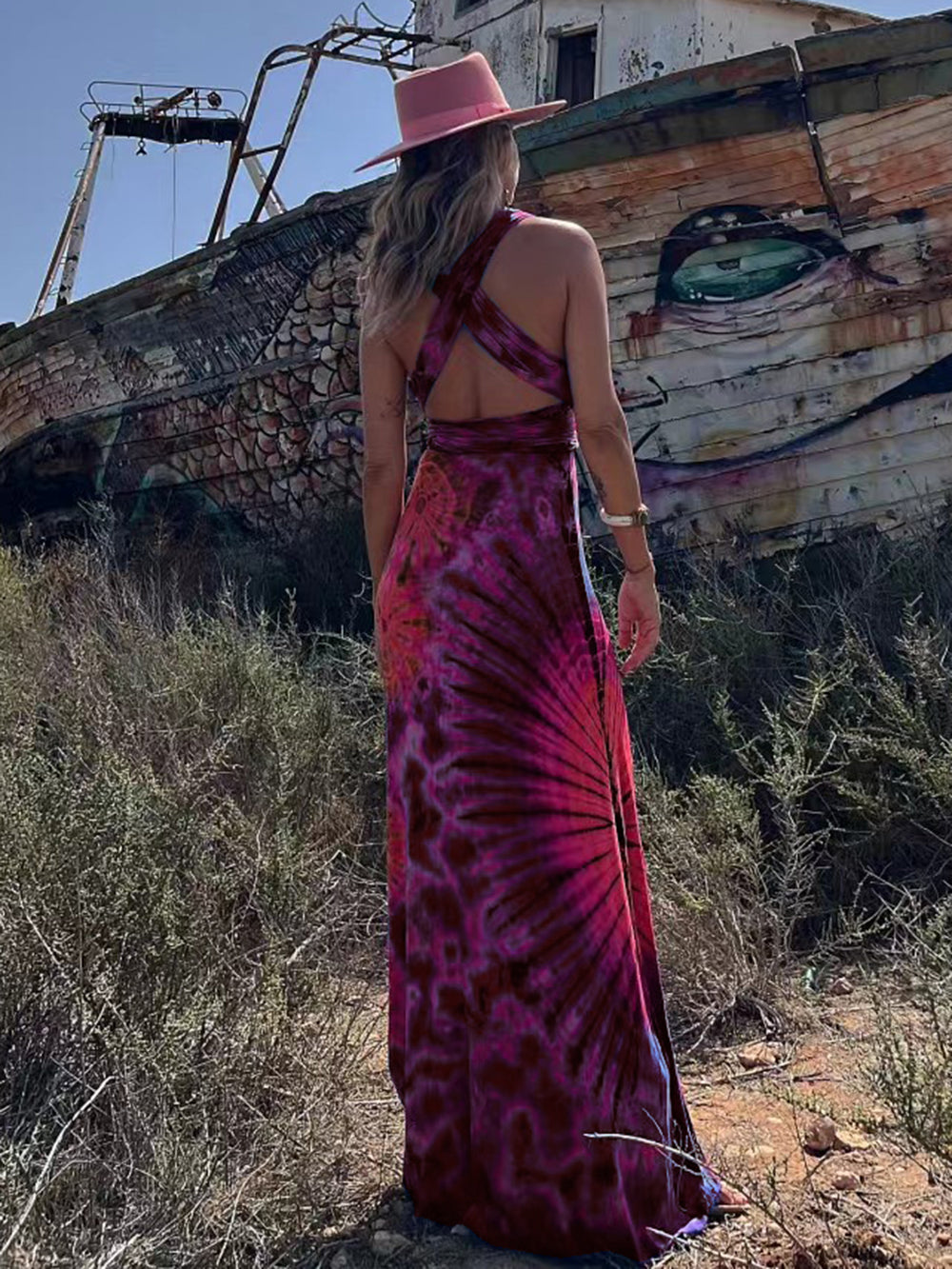 Women's red tie-dye V-neck cross-back maxi dress — back view