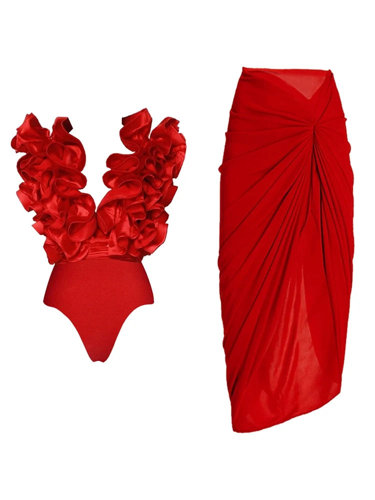 Women's red V-neck lace-trim swimsuit set