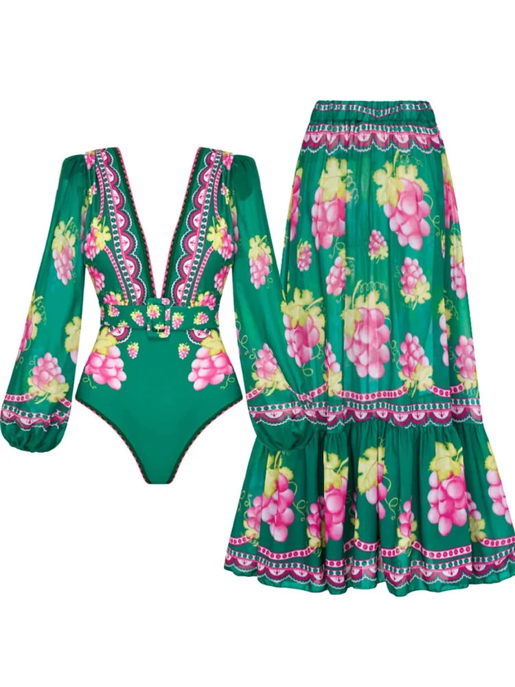 Women's retro print long-sleeve swimsuit set — back view