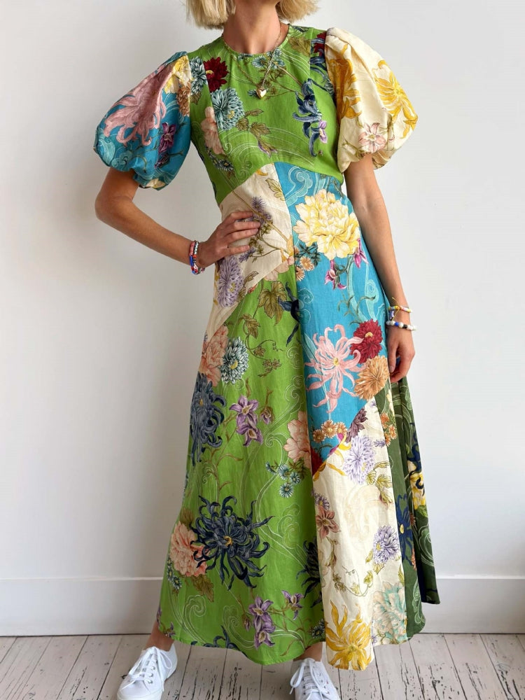 Women's Round Neck Puff Sleeve Midi Dress