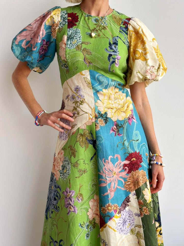 Women's Round Neck Puff Sleeve Midi Dress — front view