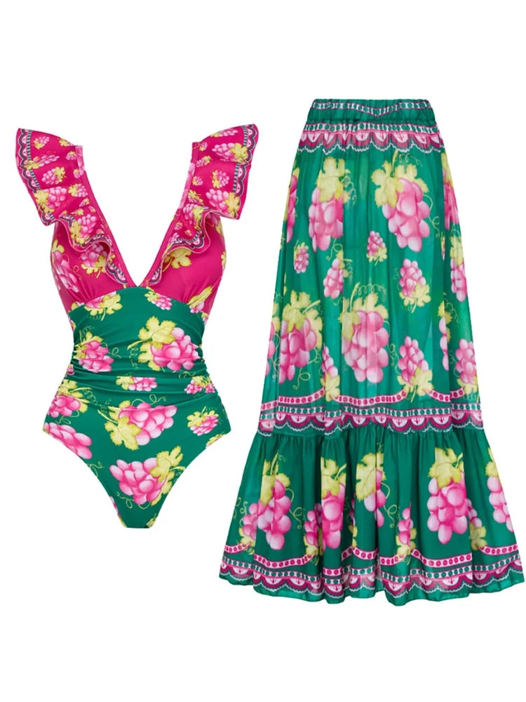 Women's ruched ruffle swimsuit maxi set