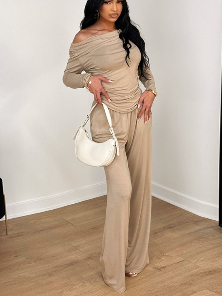 Women's ruched off-shoulder top and draped pants set