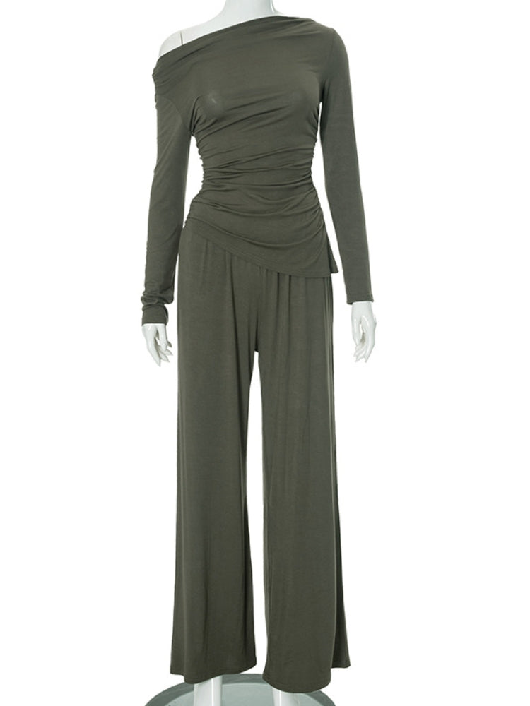 Women's ruched off-shoulder top and draped pants set — green colourway