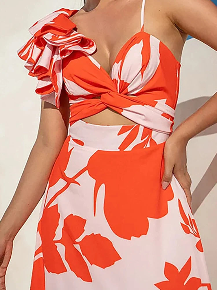 Women's ruffle floral print one-piece swimsuit set - alternate angle