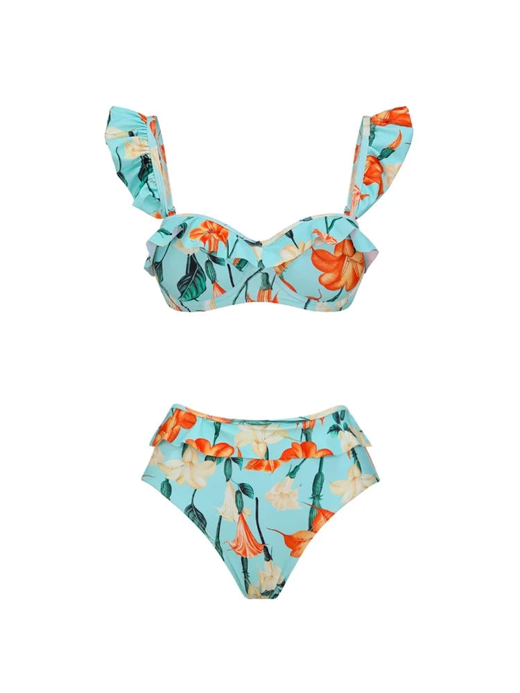 Women's ruffle sleeve trumpet bikini set — front detail