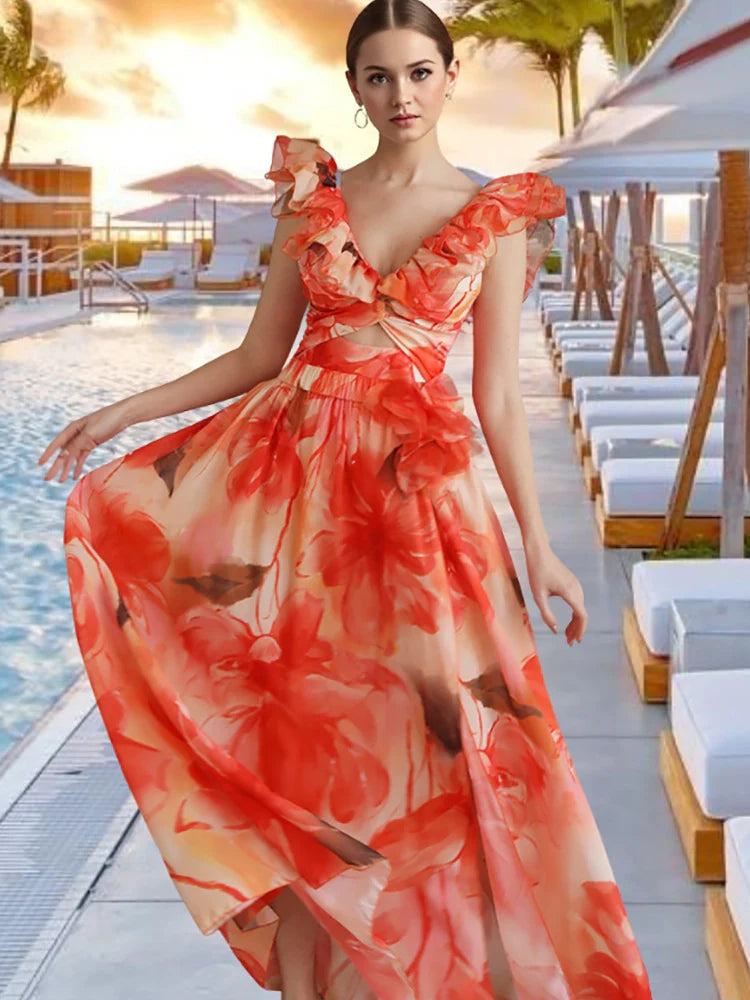 Women's ruffle trim vacation print swimsuit set — front detail