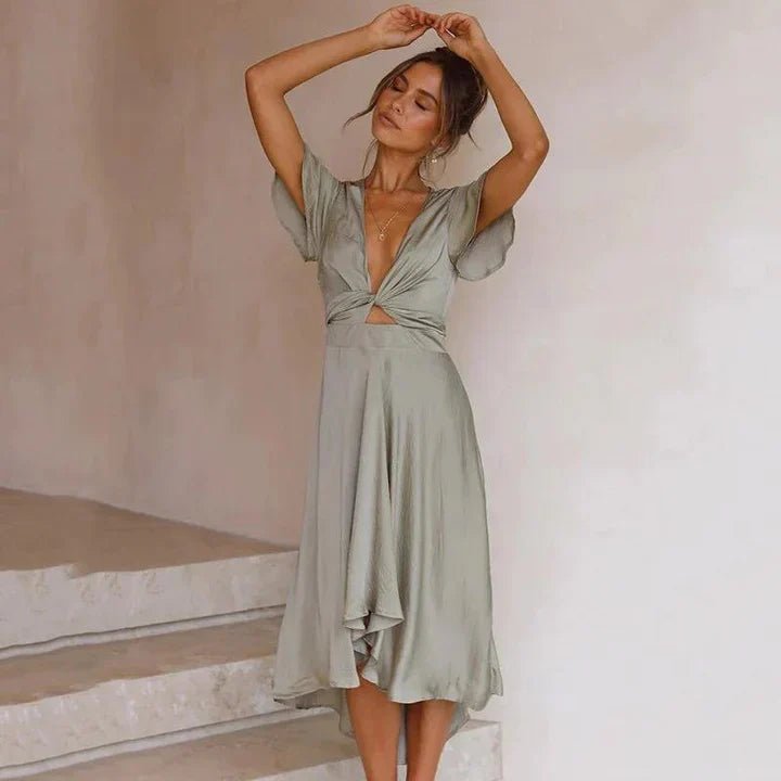 Satin Tie-Front Flutter Midi Dress