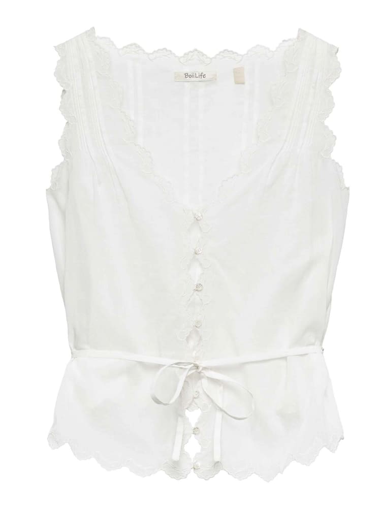 Women's Scallop Trim V-Neck Blouse — close-up detail