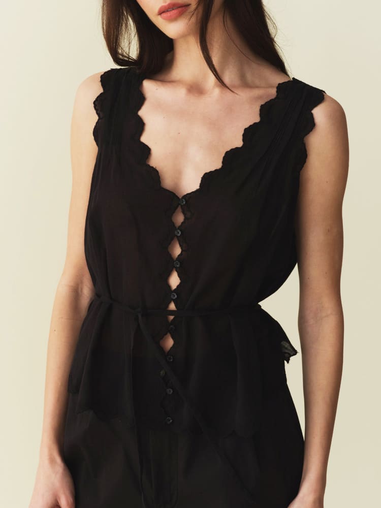 Women's Scallop Trim V-Neck Blouse — full length