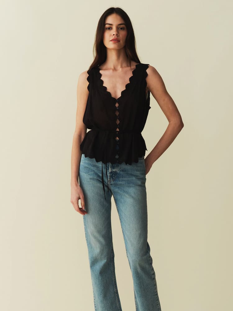 Women's Scallop Trim V-Neck Blouse — styled look