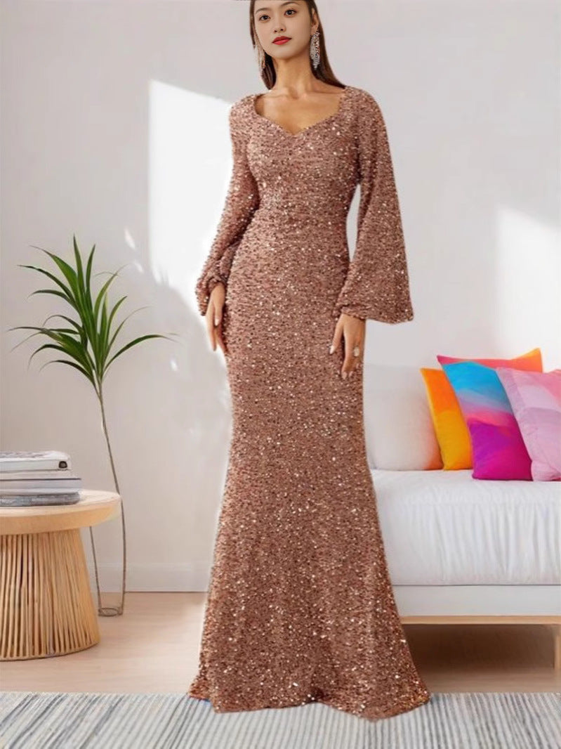 Women's Sequin Bodycon Trumpet Sleeve Dress — alternate angle