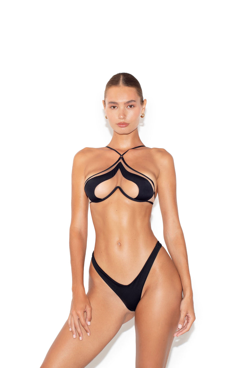 Women's sheer high-leg bikini set in black — detail