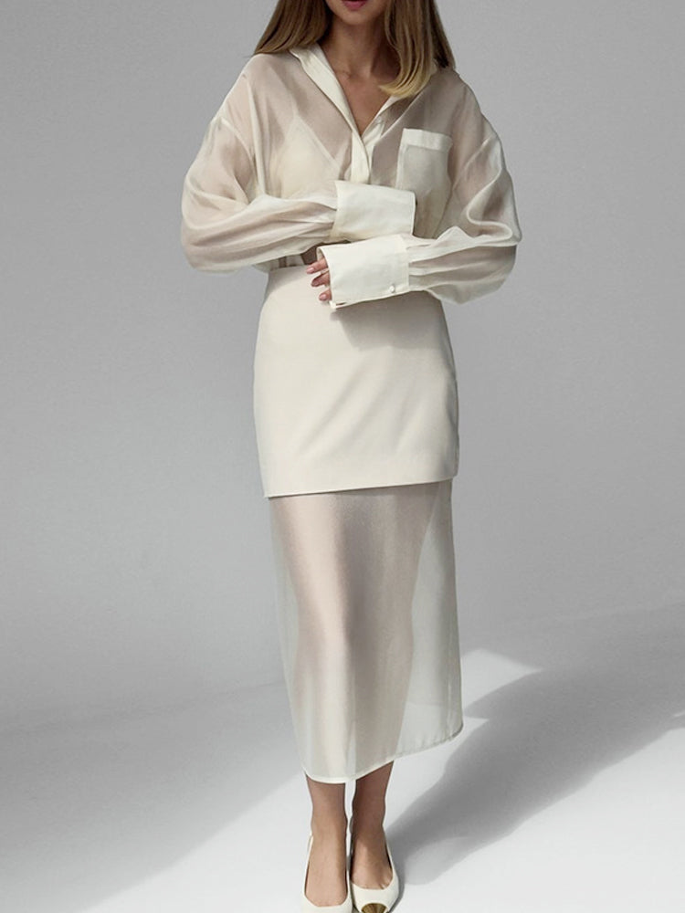 Women's white sheer shirt and skirt set