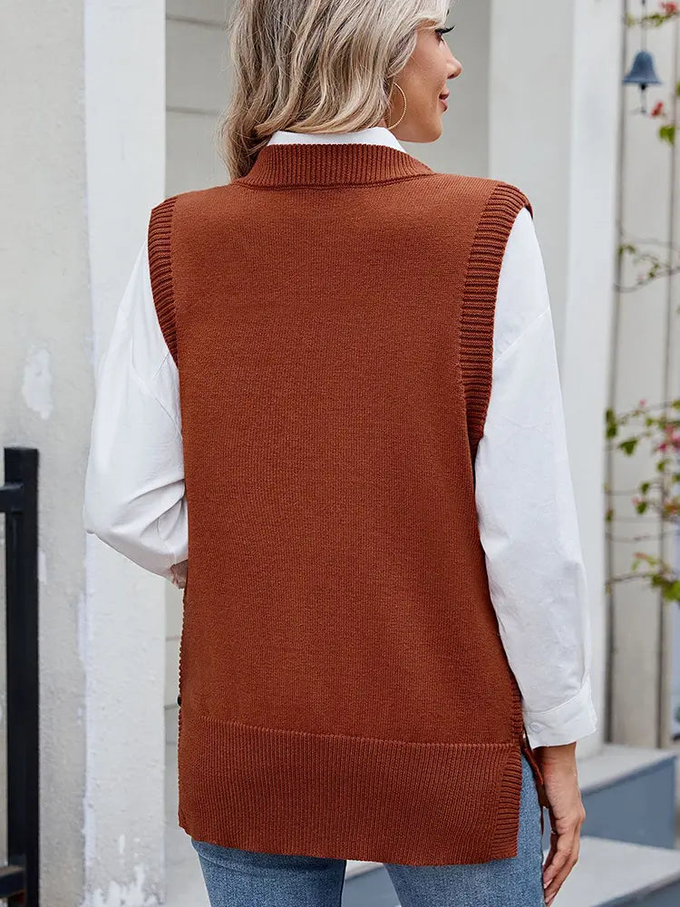 Women's side-slit button sweater — alternate angle