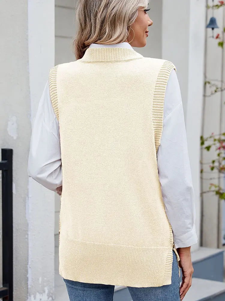 Women's side-slit button sweater — full length