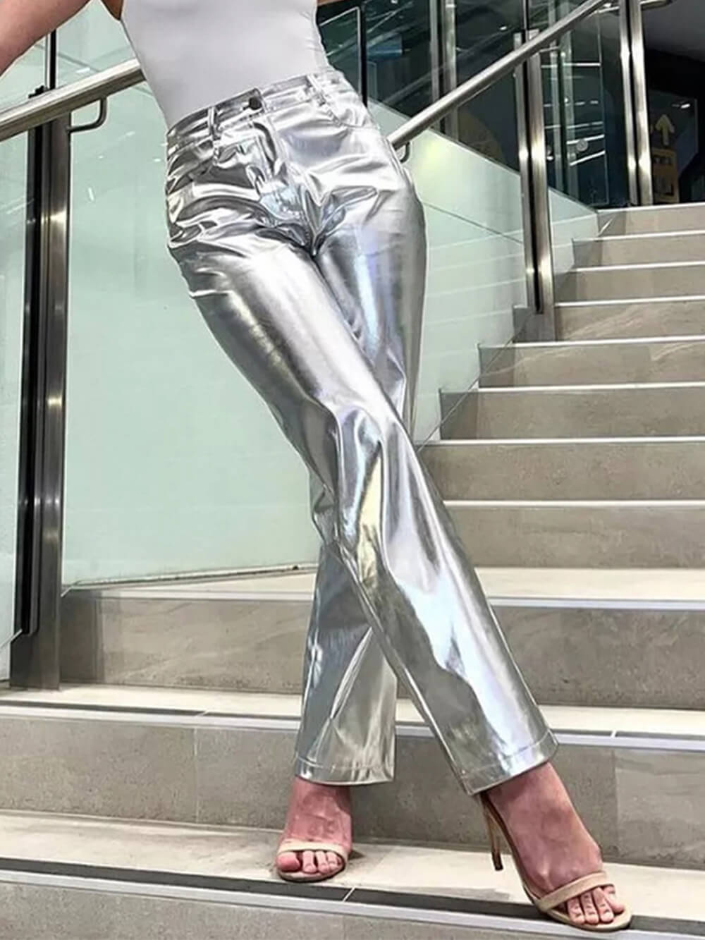 Women's silver faux leather trousers
