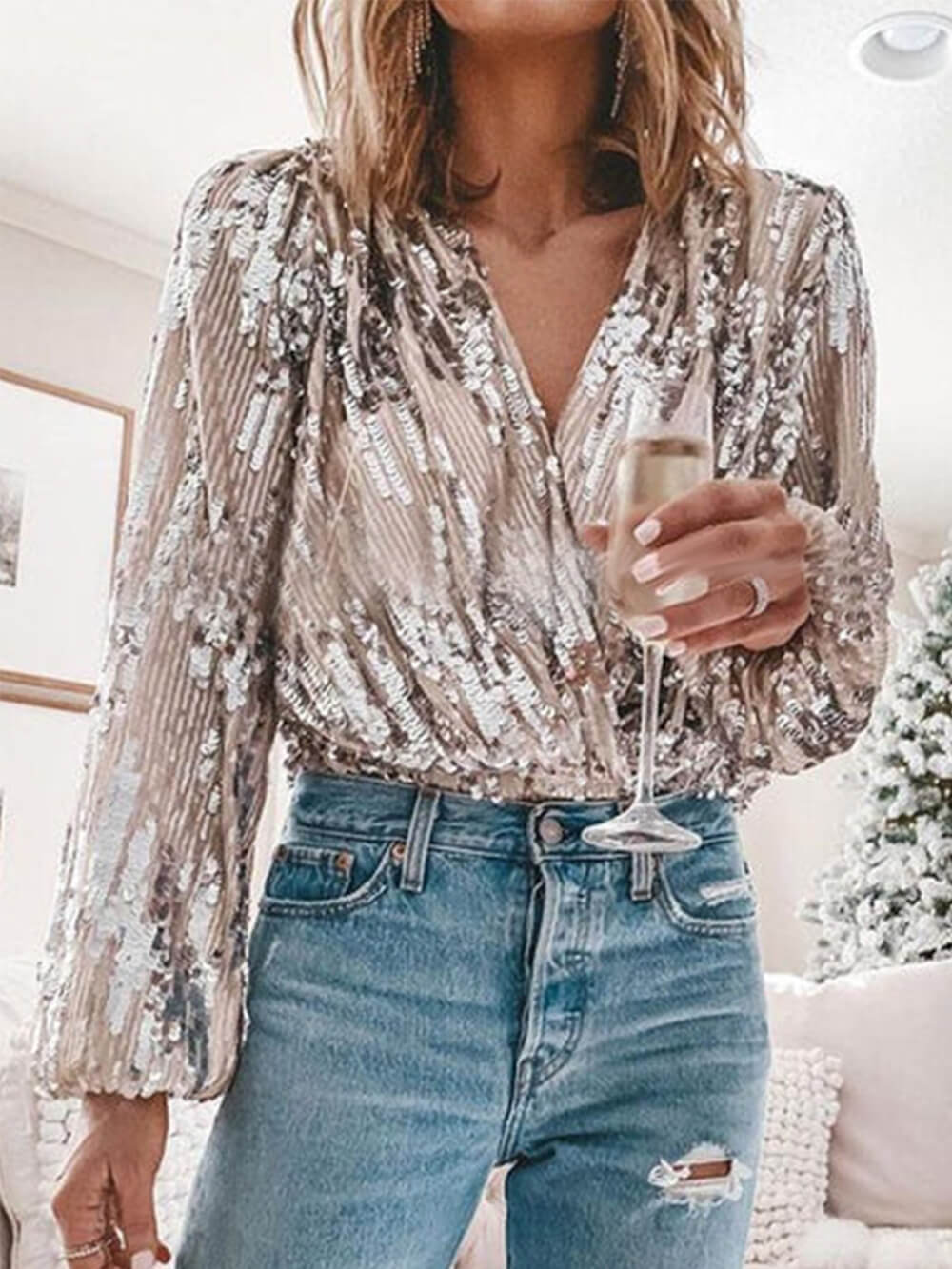 Women's silver sequin puff sleeve blouse — alternate angle