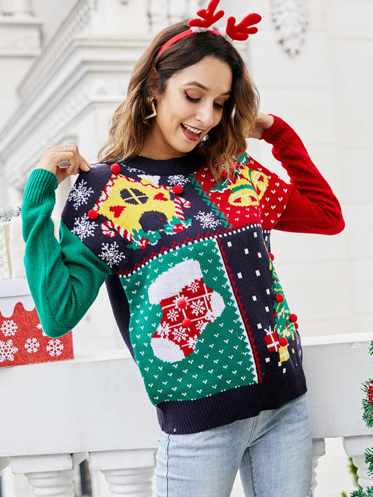 Women's Red and Green Snowflake Christmas Tree Jumper