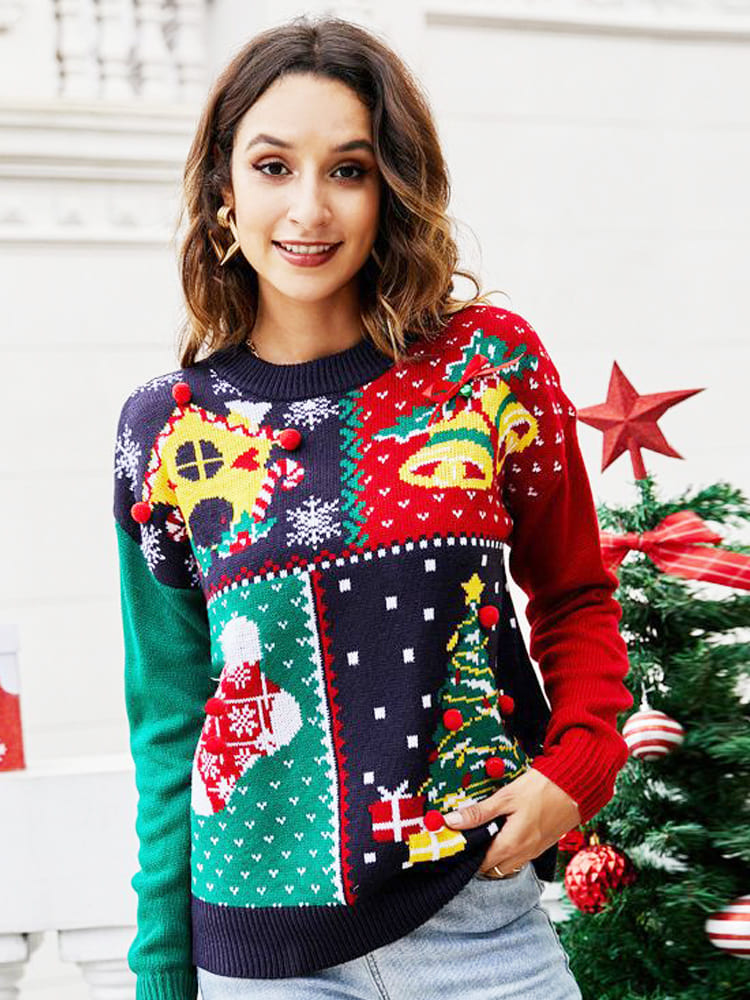 Women's Red and Green Snowflake Christmas Tree Jumper — close-up detail
