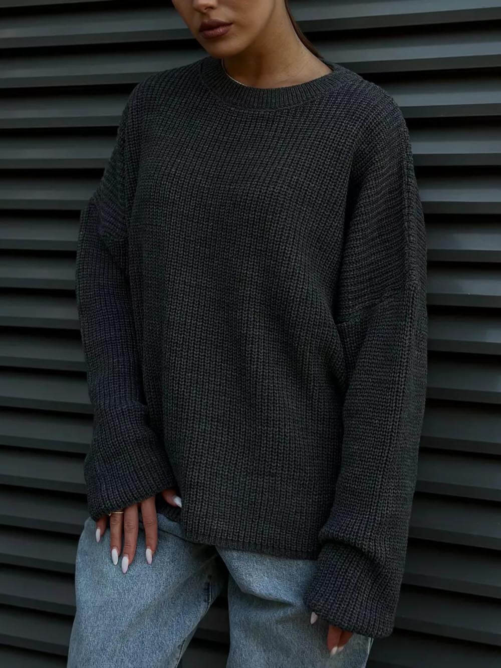 Women's classic solid colour round neck sweater