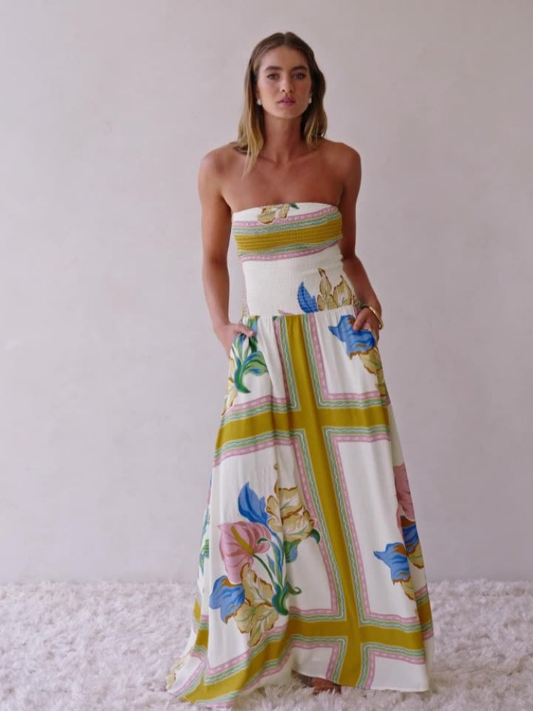 Women's strapless bandeau tropical print maxi dress