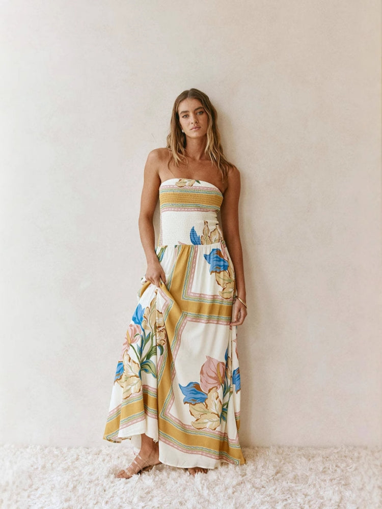 Women's strapless bandeau tropical print maxi dress
