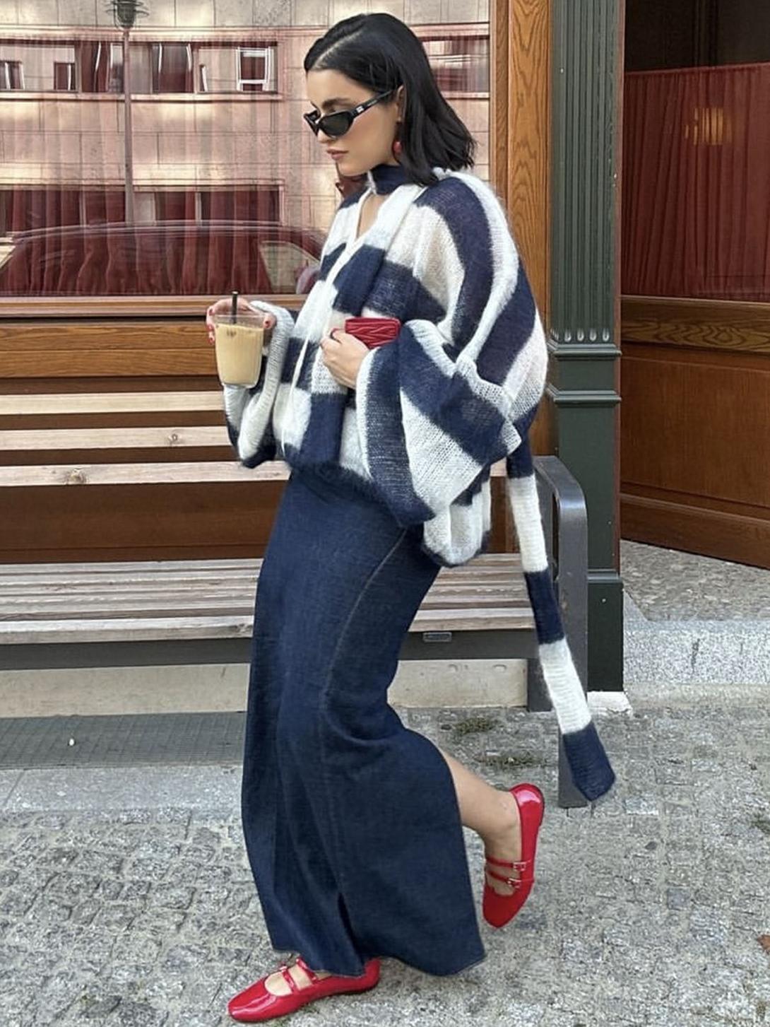 Women's cosy stripe sweater cardigan — back view