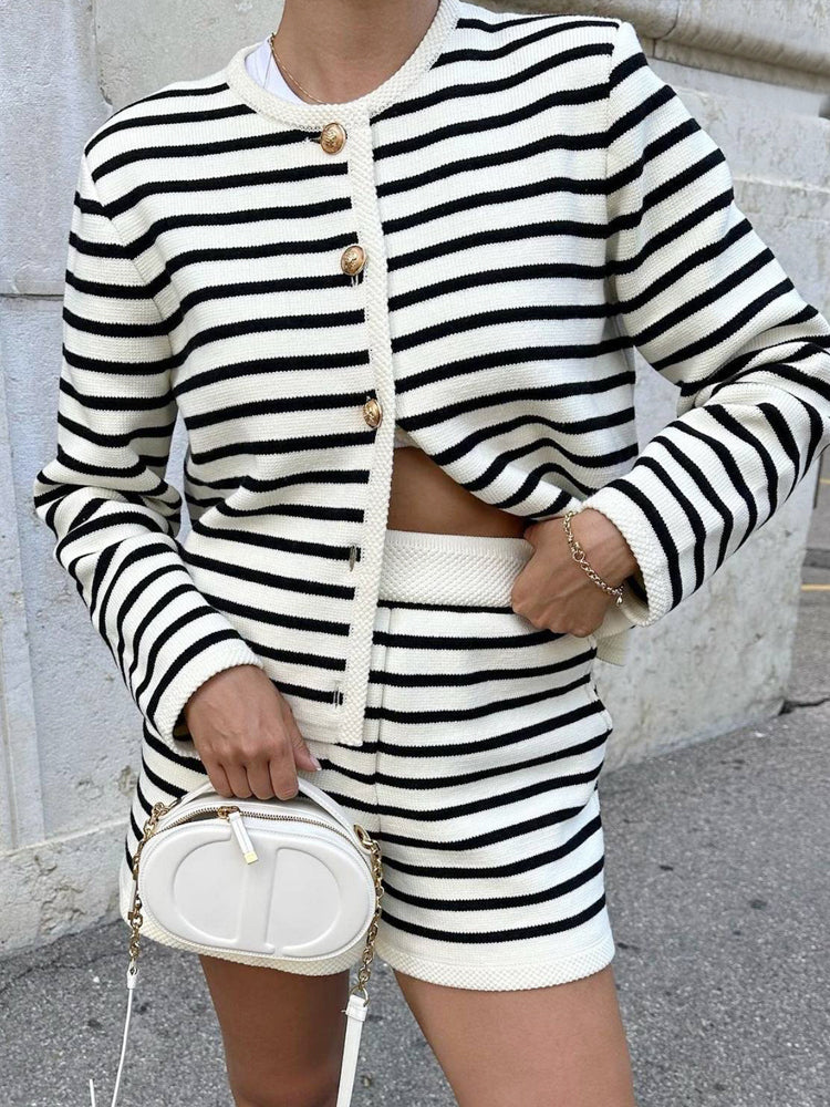 Women's Striped Knit Cardigan Sweater Set