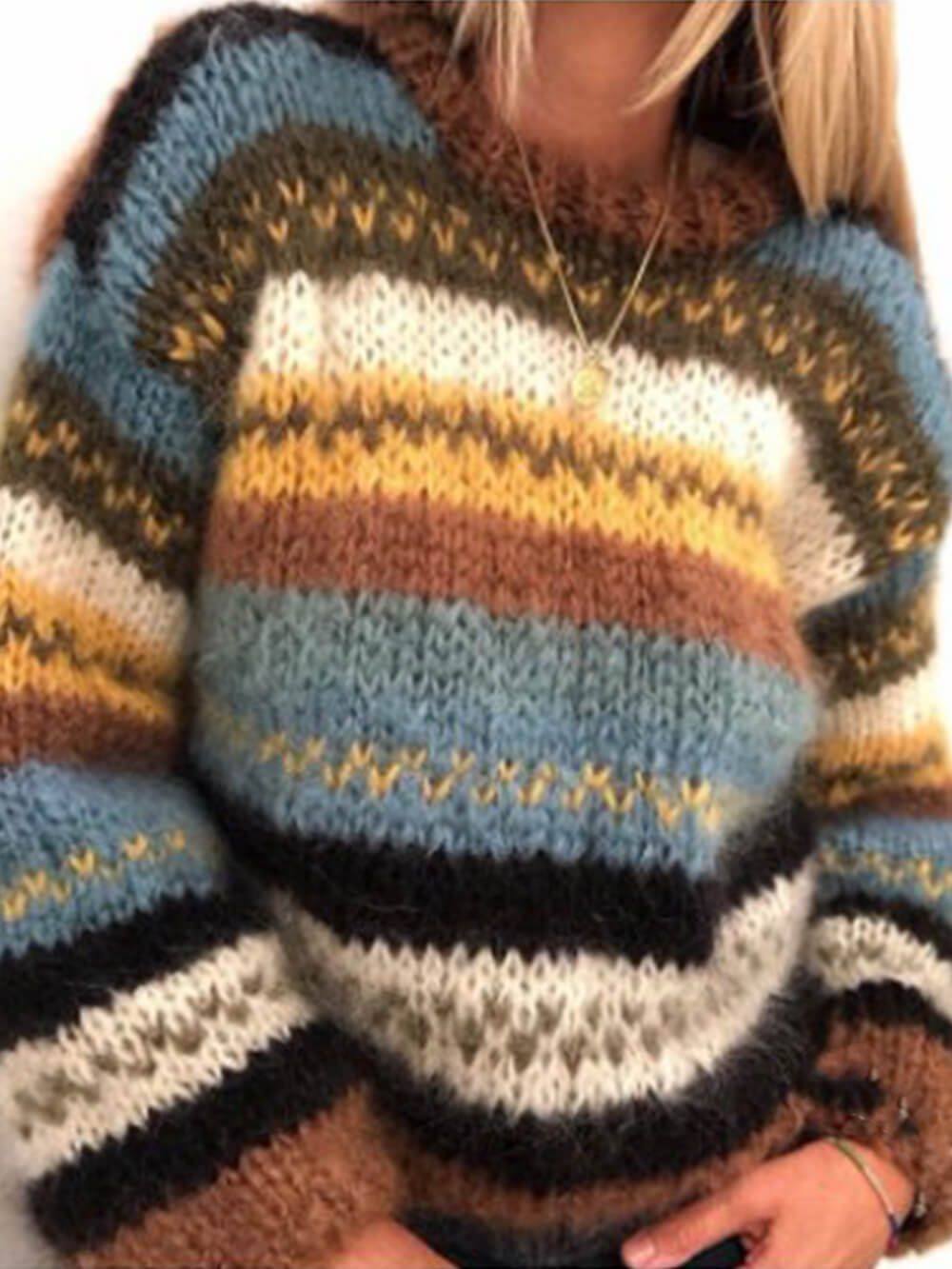 Women's striped knit sweater with loose casual fit