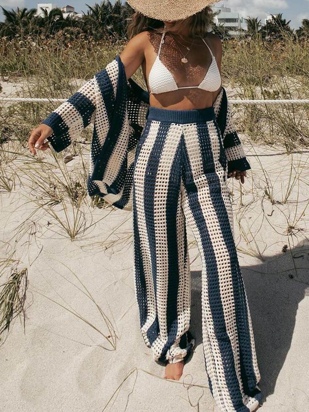 Women's Striped Shirt Wide Leg Pants Set — alternate angle