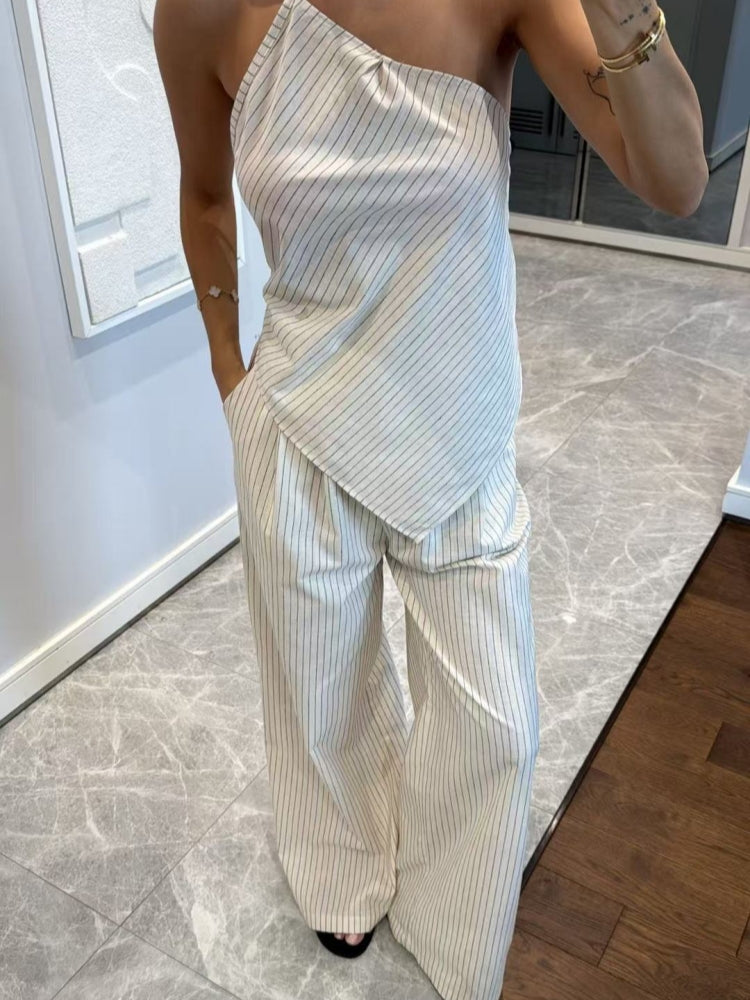 Women's White striped wide leg coord set