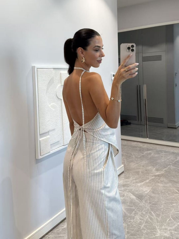Women's White striped wide leg coord set