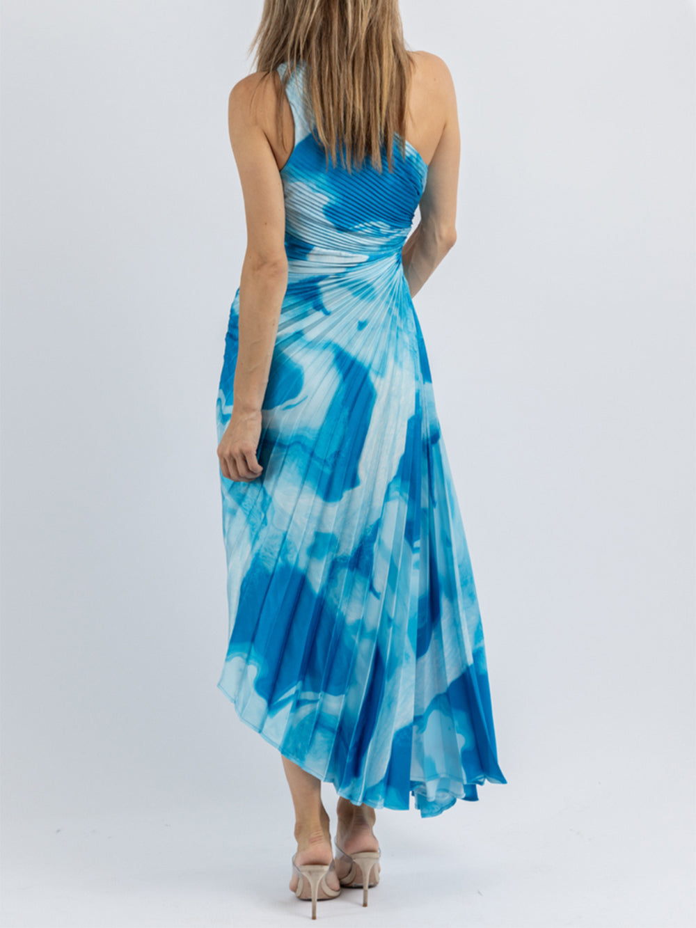 Women's surf blue ruffle-trim floral midi dress — side detail