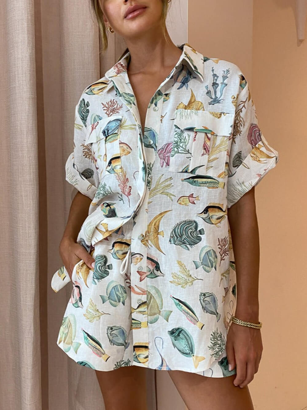 Women's tie-dye fish print shirt and shorts set